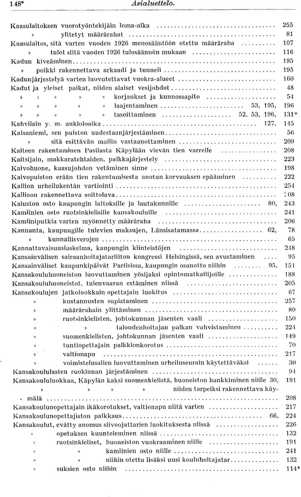 kiveäminen 195» poikki rakennettava arkaadi ja tunneli 195 Kadunjärjestelyä varten luovutettavat vuokra-alueet 160 Kadut ja yleiset paikat, niiden alaiset vesijohdot 48» >»» > korjaukset ja