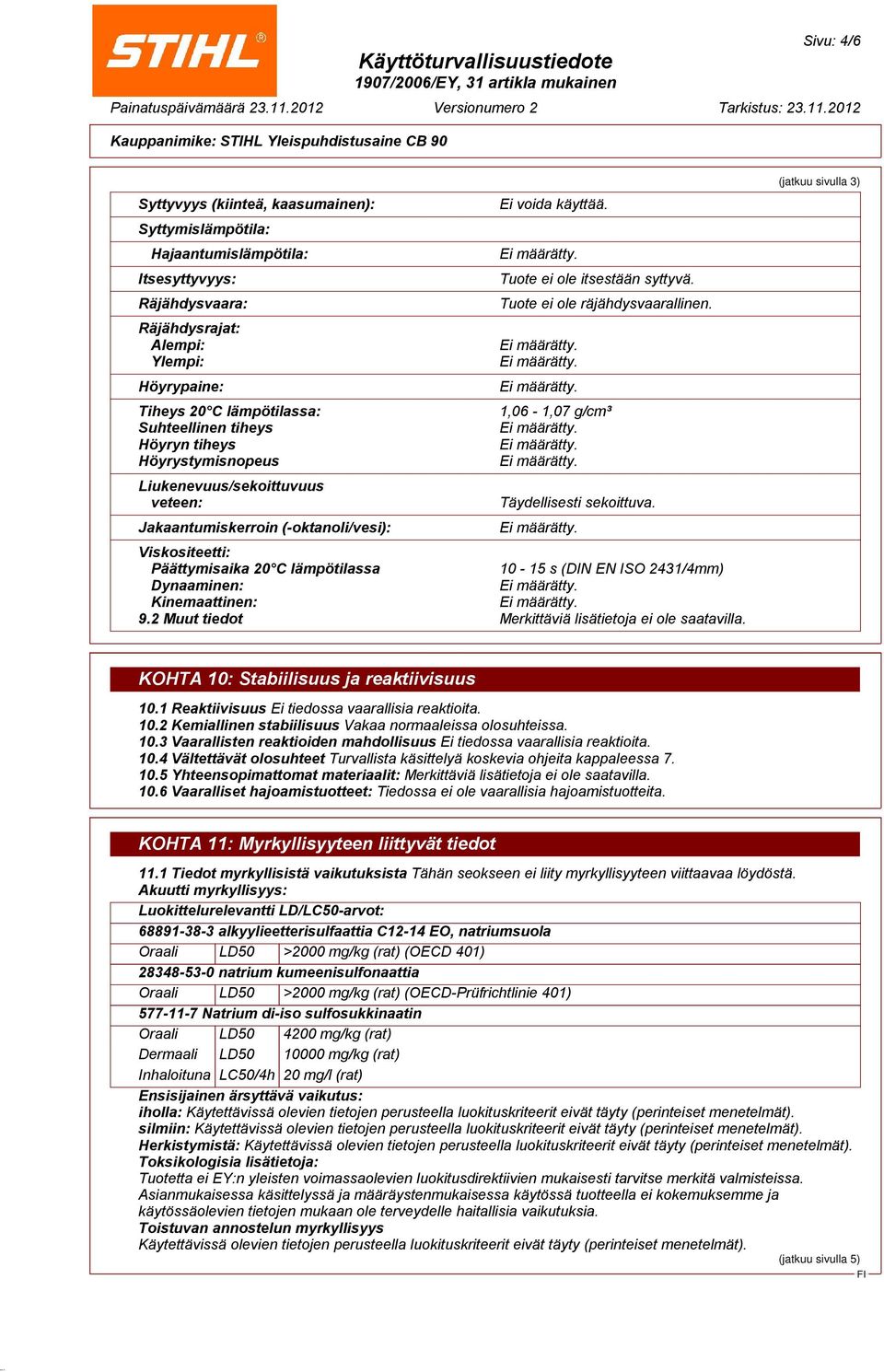 1,06-1,07 g/cm³ Täydellisesti sekoittuva. Viskositeetti: Päättymisaika 20 C lämpötilassa 10-15 s (DIN EN ISO 2431/4mm) Dynaaminen: Kinemaattinen: 9.