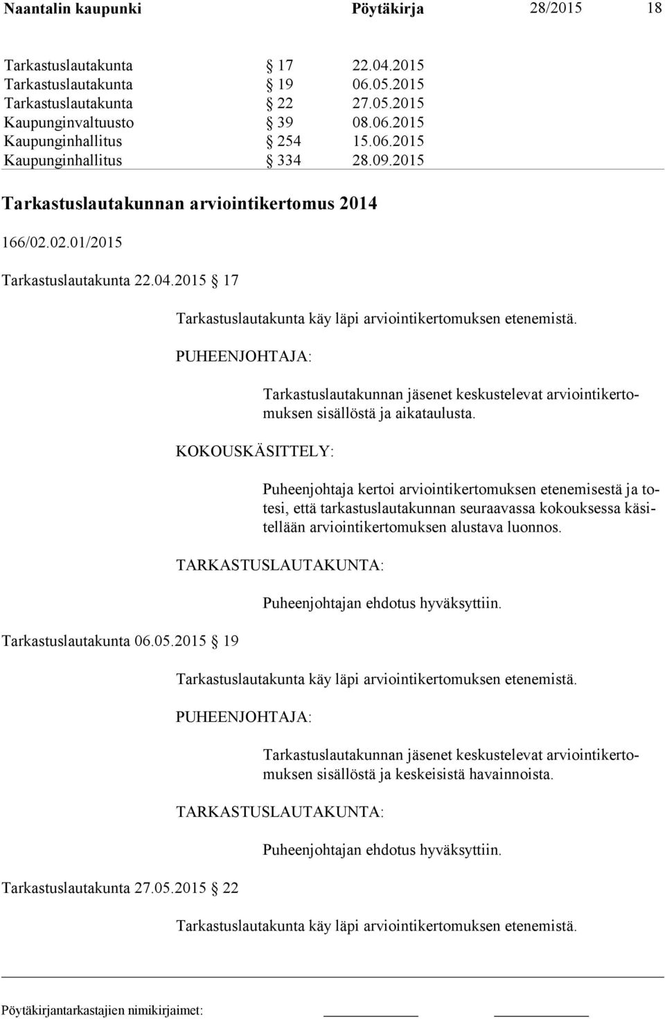 2015 19 Tarkastuslautakunta 27.05.2015 22 Tarkastuslautakunta käy läpi arviointikertomuksen etenemistä.