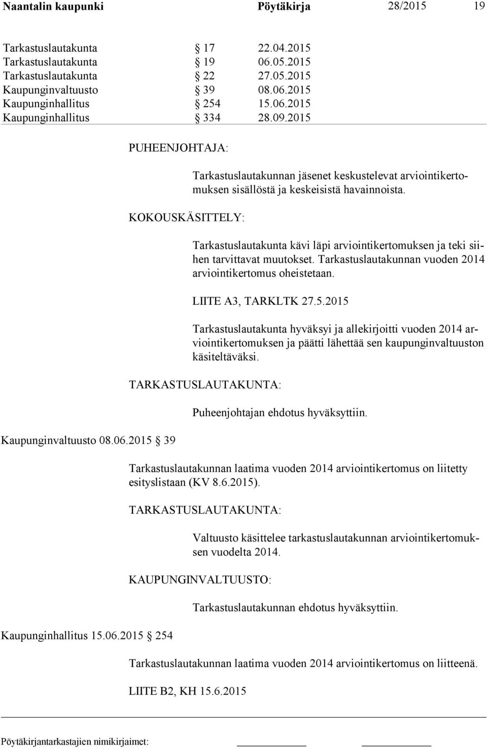 Tarkastuslautakunta kävi läpi arviointikertomuksen ja teki siihen tarvittavat muutokset. Tarkastuslautakunnan vuoden 2014 ar vioin ti ker to mus oheistetaan. LIITE A3, TARKLTK 27.5.