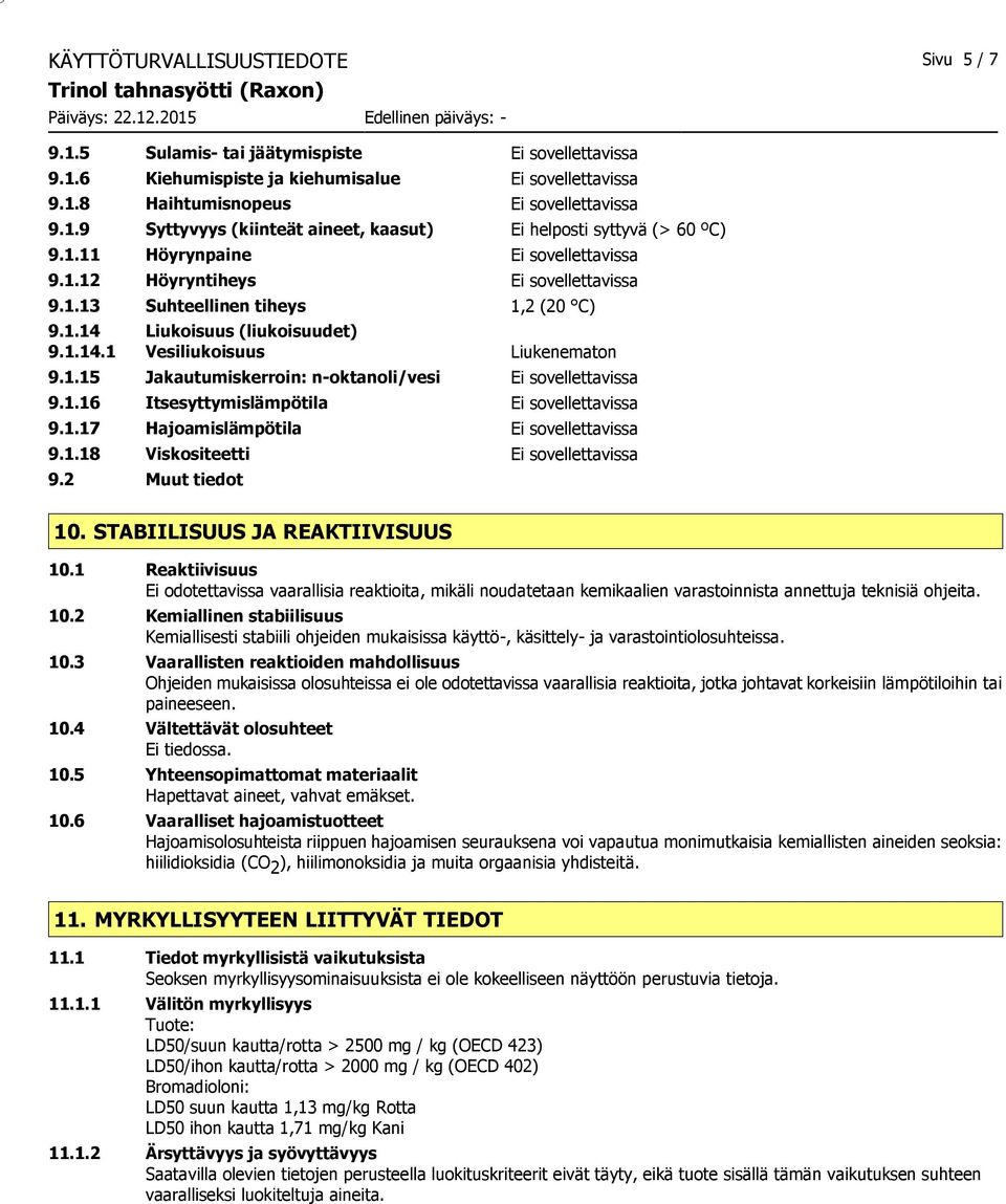 1.16 Itsesyttymislämpötila Ei sovellettavissa 9.1.17 Hajoamislämpötila Ei sovellettavissa 9.1.18 Viskositeetti Ei sovellettavissa 9.2 Muut tiedot 10. STABIILISUUS JA REAKTIIVISUUS 10.