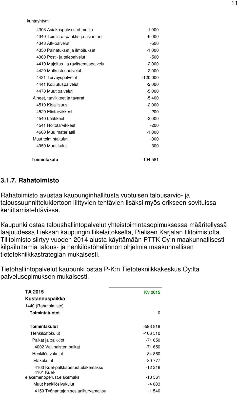 000 4420 Matkustuspalvelut -2 000 4431 Terveyspalvelut -120 000 4441 Koulutuspalvelut -2 000 4470 Muut palvelut -5 000 Aineet, tarvikkeet ja tavarat -5 400 4510 Kirjallisuus -2 000 4520