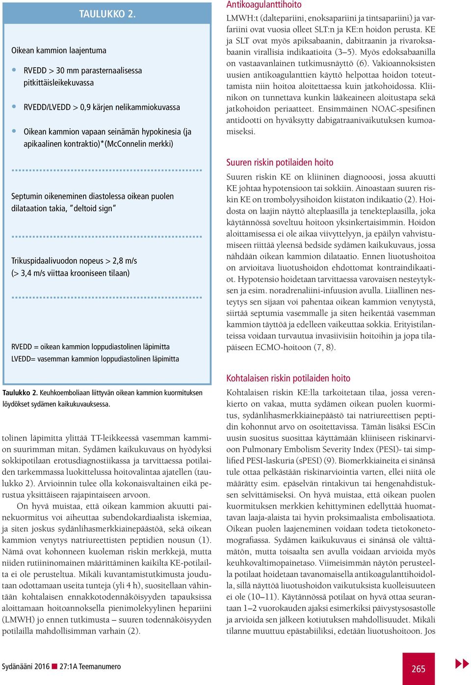 oikeneminen diastolessa oikean puolen dilataation takia, deltoid sign Trikuspidaalivuodon nopeus > 2,8 m/s (> 3,4 m/s viittaa krooniseen tilaan) RVEDD = oikean kammion loppudiastolinen läpimitta