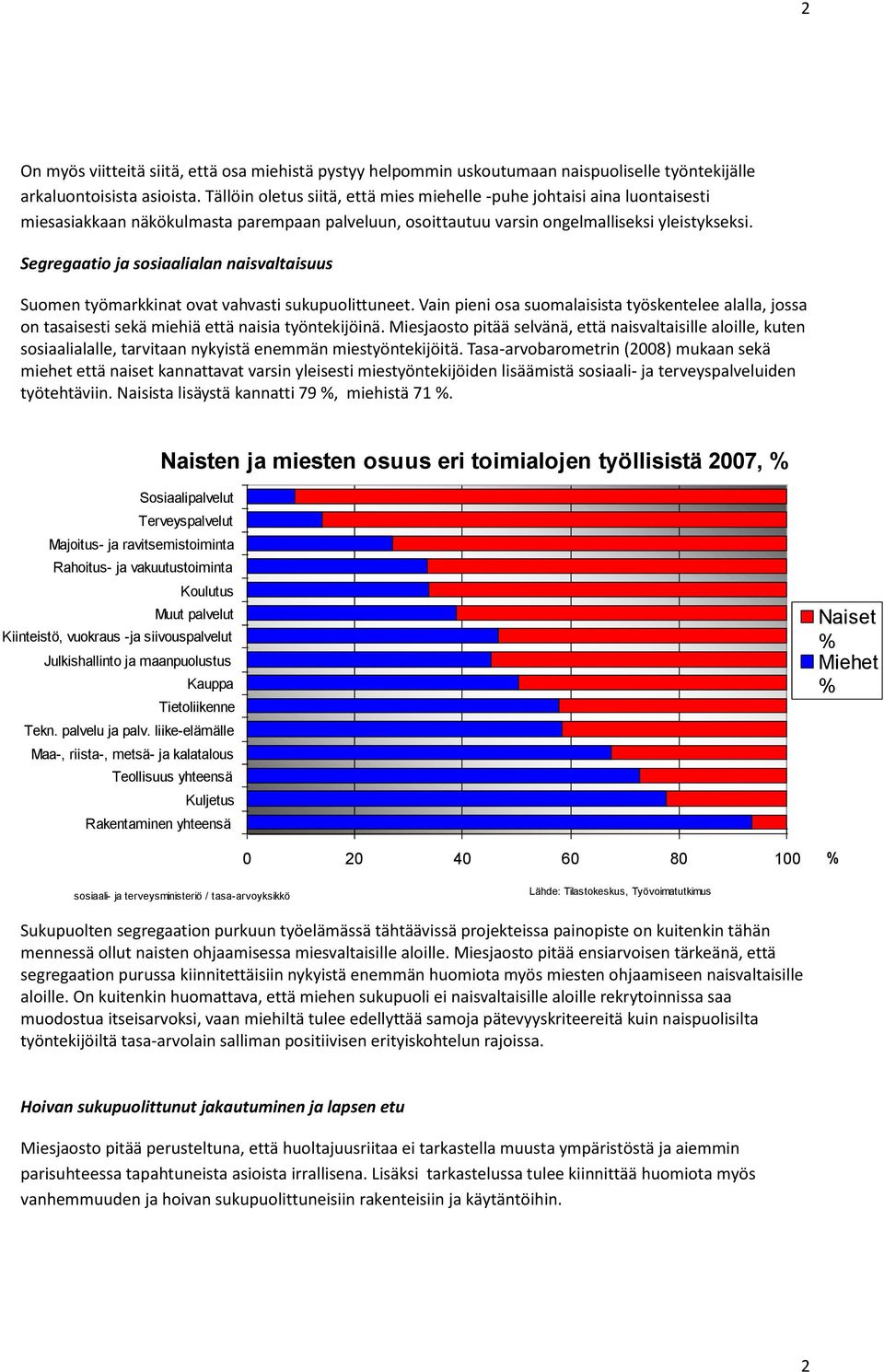 Segregaatio ja sosiaalialan naisvaltaisuus Suomen työmarkkinat ovat vahvasti sukupuolittuneet.