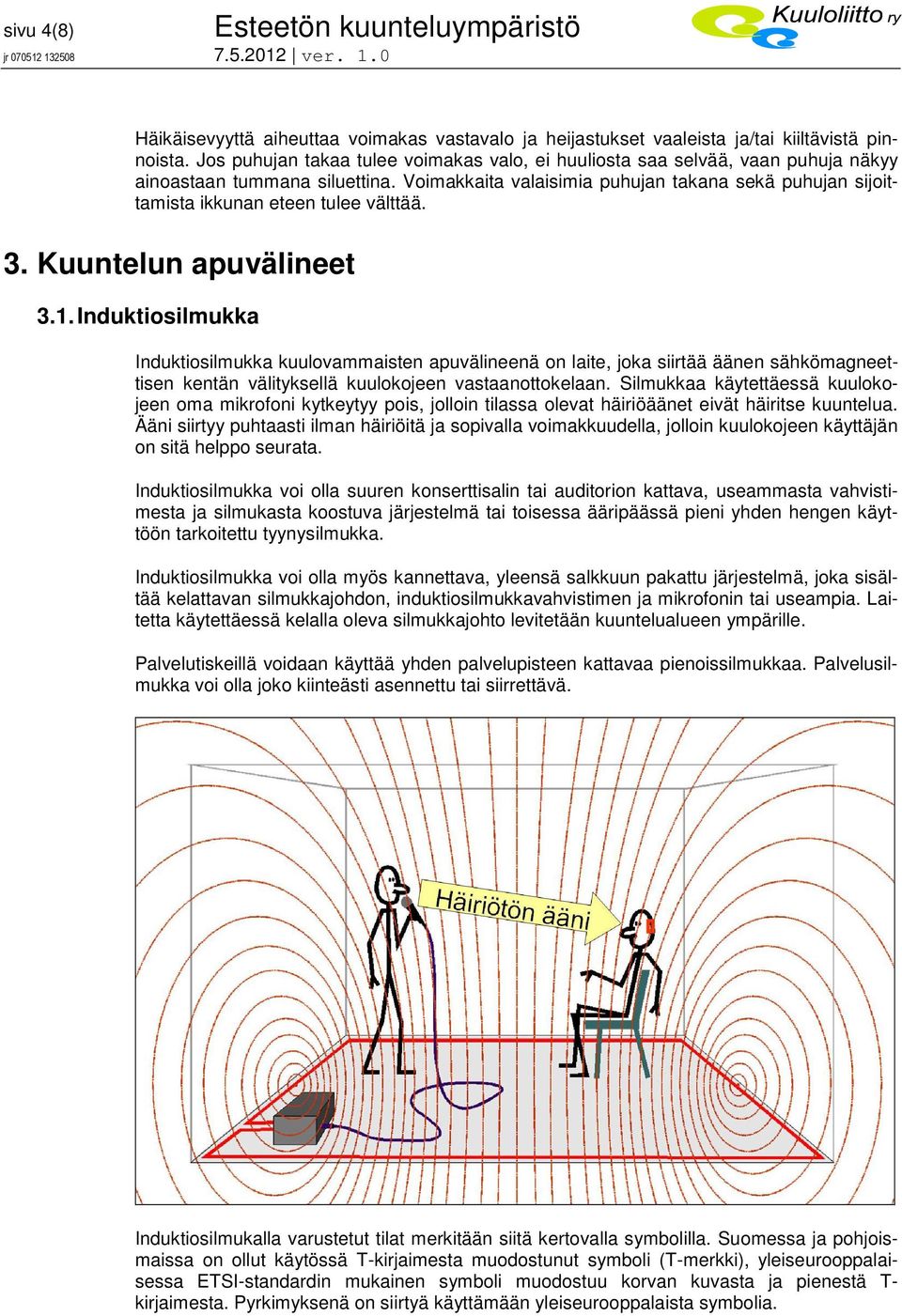 Voimakkaita valaisimia puhujan takana sekä puhujan sijoittamista ikkunan eteen tulee välttää. 3. Kuuntelun apuvälineet 3.1.