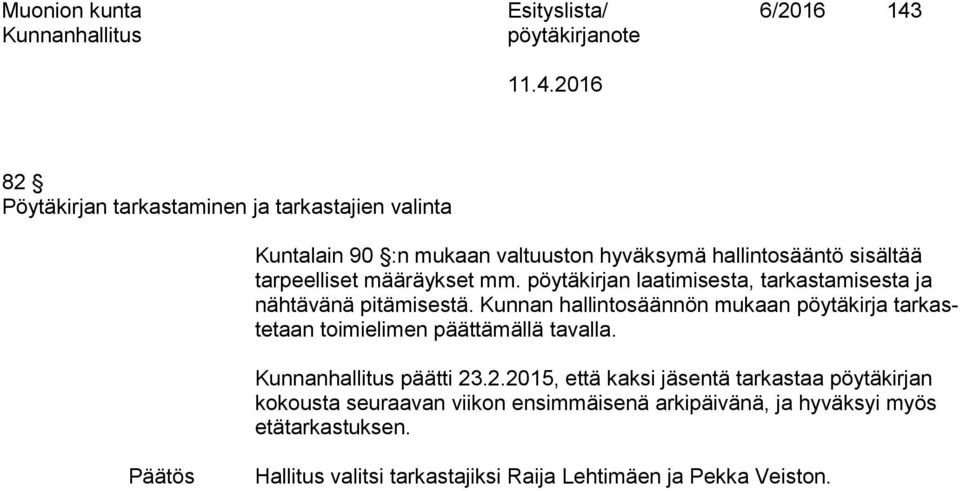 Kunnan hallintosäännön mukaan tarkastetaan toimielimen päättämällä tavalla. päätti 23