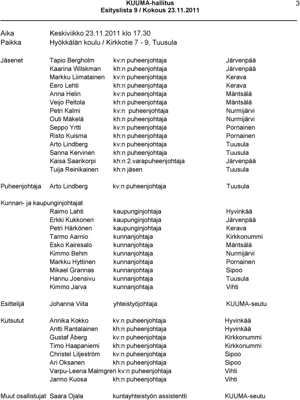 Lehti kh:n puheenjohtaja Kerava Anna Helin kv:n puheenjohtaja Mäntsälä Veijo Peltola kh:n puheenjohtaja Mäntsälä Petri Kalmi kv:n puheenjohtaja Nurmijärvi Outi Mäkelä kh:n puheenjohtaja Nurmijärvi