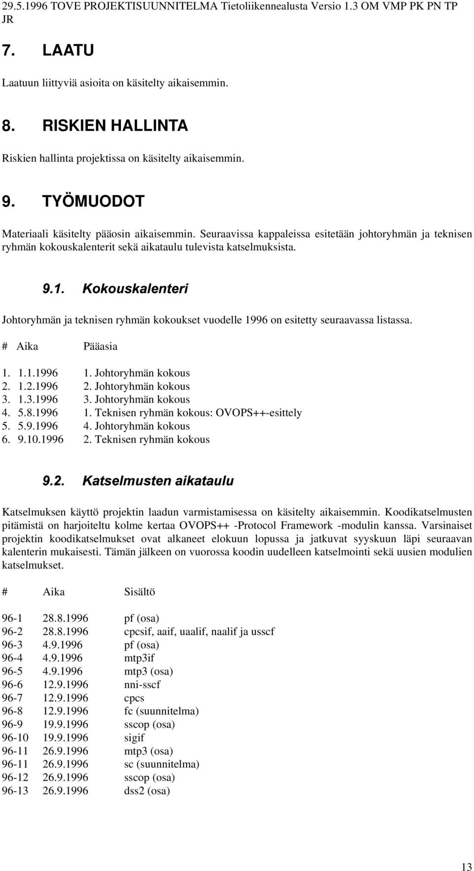 ù4úû)ú ü-ý þ/ýsÿ /þ Johtoryhmän ja teknisen ryhmän kokoukset vuodelle 1996 on esitetty seuraavassa listassa. # Aika Pääasia 1. 1.1.1996 1. Johtoryhmän kokous 2. 1.2.1996 2. Johtoryhmän kokous 3.