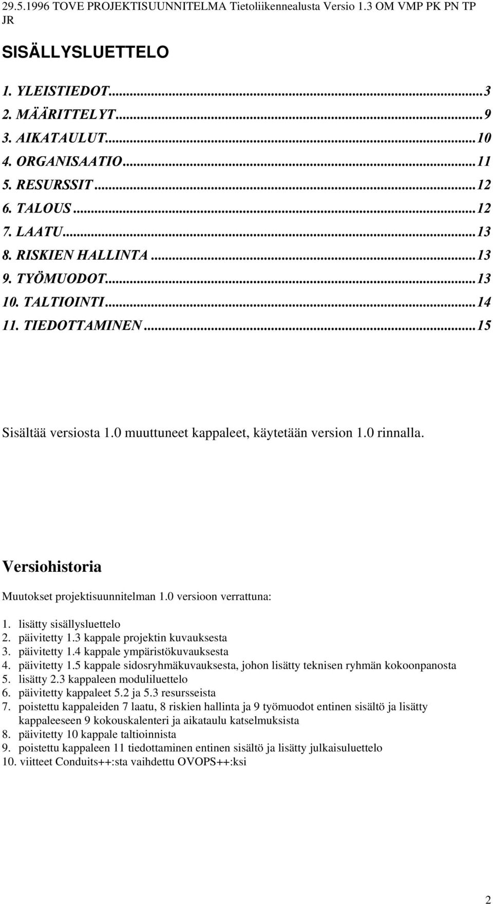päivitetty 1.5 kappale sidosryhmäkuvauksesta, johon lisätty teknisen ryhmän kokoonpanosta 5. lisätty 2.3 kappaleen moduliluettelo 6. päivitetty kappaleet 5.2 ja 5.3 resursseista 7.