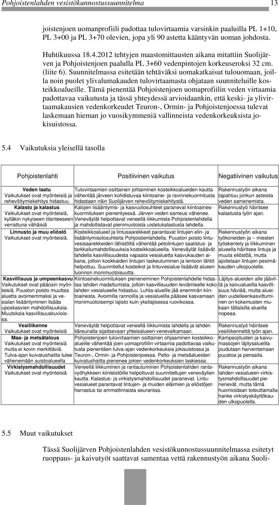 Suunnitelmassa esitetään tehtäväksi uomakatkaisut tulouomaan, joilla noin puolet ylivalumakauden tulovirtaamasta ohjataan suunniteluille kosteikkoalueille.