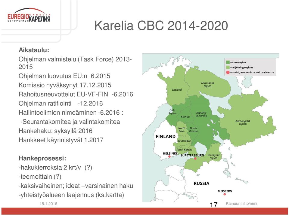 2016 Hallintoelimien nimeäminen -6.2016 : -Seurantakomitea ja valintakomitea Hankehaku: syksyllä 2016 Hankkeet käynnistyvät 1.