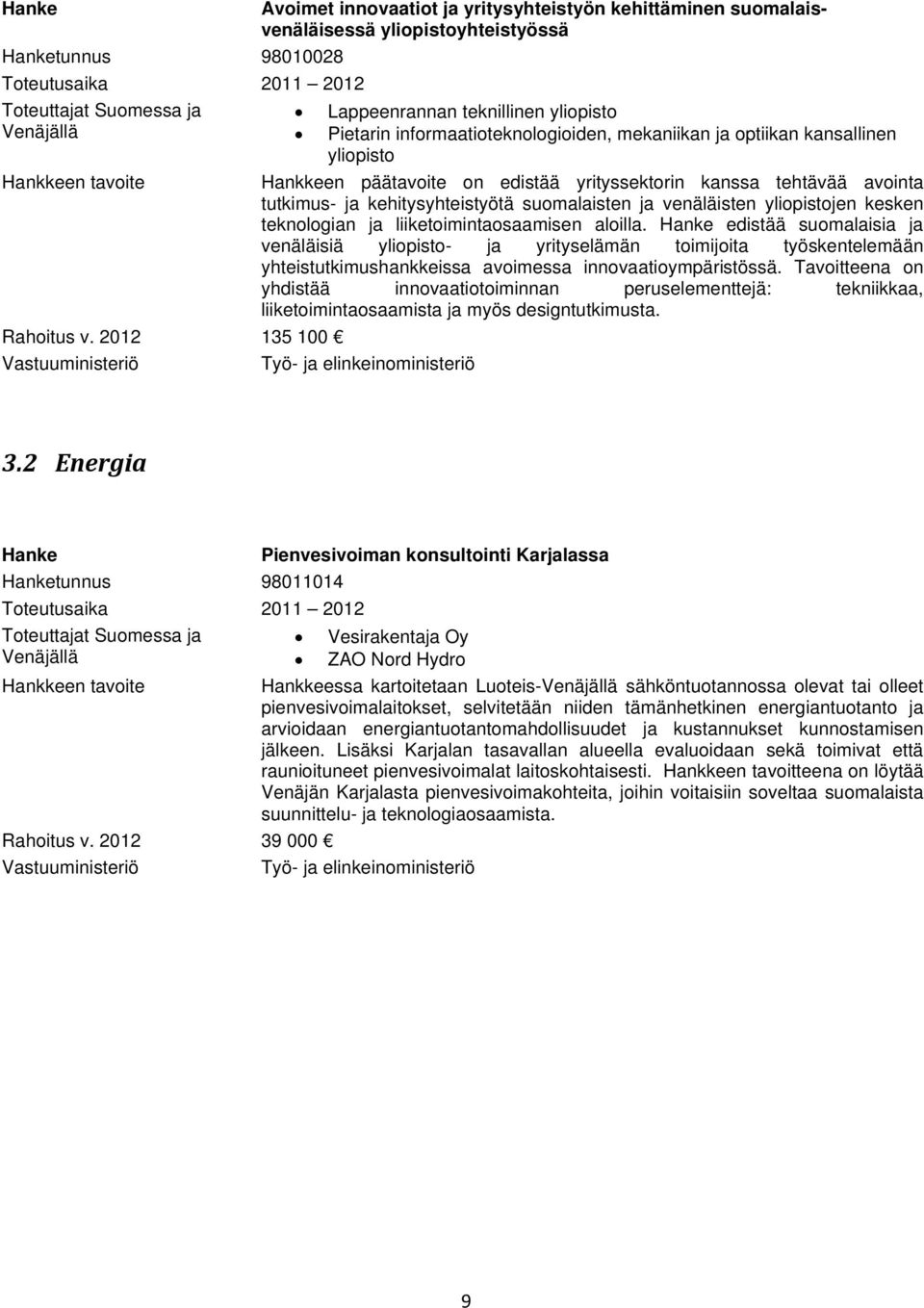 yrityssektorin kanssa tehtävää avointa tutkimus- ja kehitysyhteistyötä suomalaisten ja venäläisten yliopistojen kesken teknologian ja liiketoimintaosaamisen aloilla.