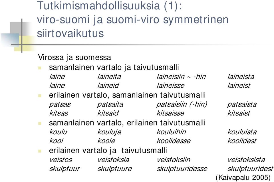 patsaista kitsas kitsaid kitsaisse kitsaist samanlainen vartalo, erilainen taivutusmalli koulu kouluja kouluihin kouluista kool koole koolidesse