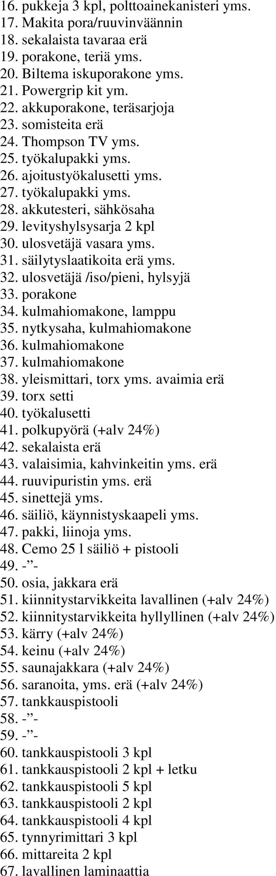 ulosvetäjä vasara yms. 31. säilytyslaatikoita erä yms. 32. ulosvetäjä /iso/pieni, hylsyjä 33. porakone 34. kulmahiomakone, lamppu 35. nytkysaha, kulmahiomakone 36. kulmahiomakone 37.