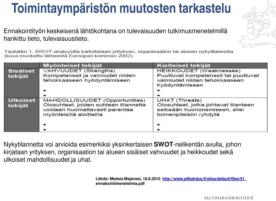 Nykytilannetta voi arvioida esimerkiksi yksinkertaisen SWOT-nelikentän avulla, johon kirjataan yrityksen,