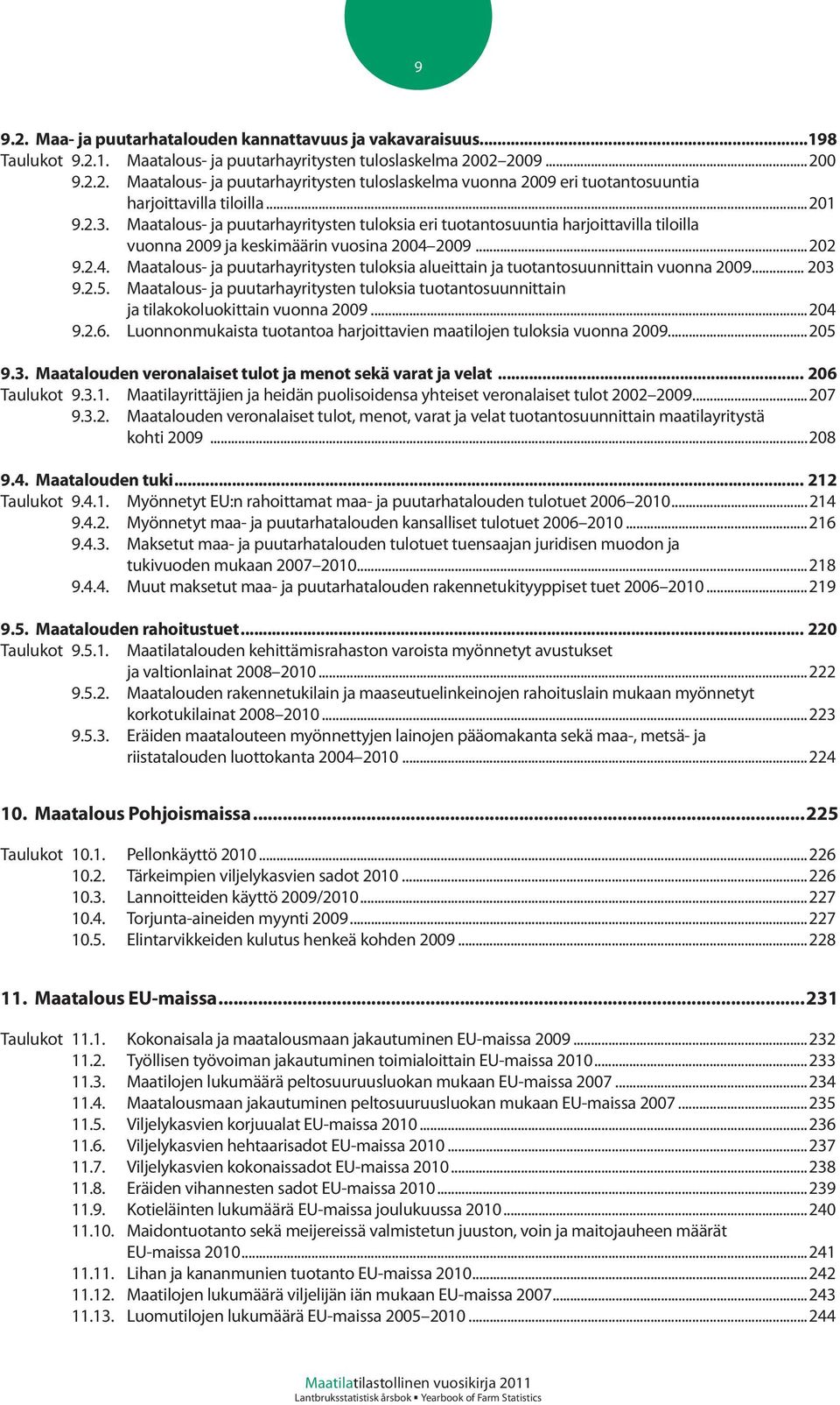 2009...202 9.2.4. Maatalous- ja puutarhayritysten tuloksia alueittain ja tuotantosuunnittain vuonna 2009... 203 9.2.5.