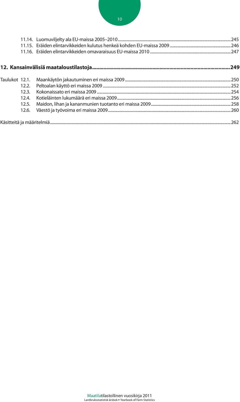 ..250 12.2. Peltoalan käyttö eri maissa 2009...252 12.3. Kokonaissato eri maissa 2009...254 12.4. Kotieläinten lukumäärä eri maissa 2009...256 12.