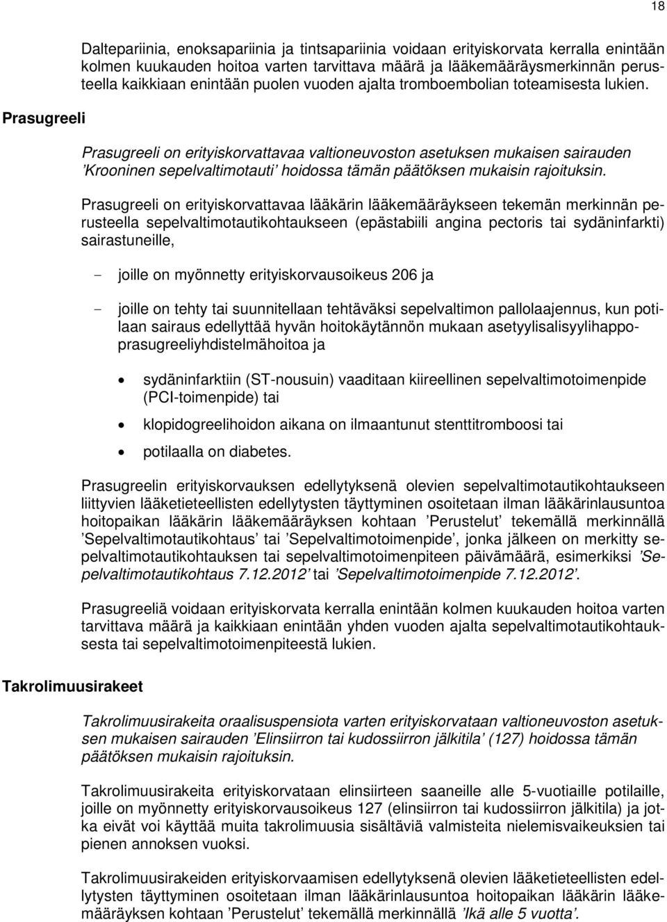 Prasugreeli on erityiskorvattavaa valtioneuvoston asetuksen mukaisen sairauden Krooninen sepelvaltimotauti hoidossa tämän päätöksen mukaisin rajoituksin.