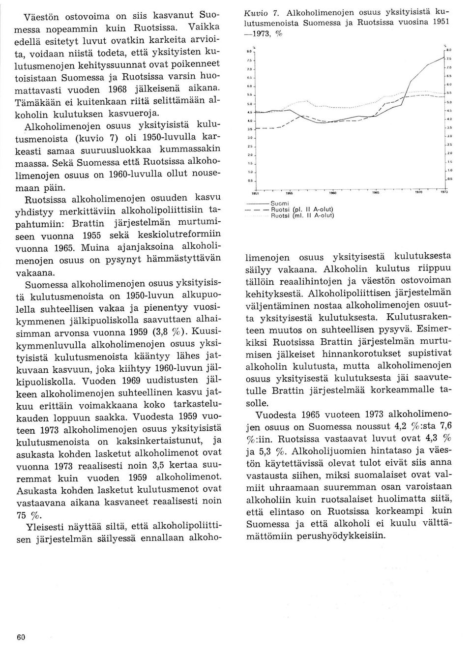 Alkoholimenojen osuus yksityisistä kulutusmenoista (kuvio 7) oli 1950-luvulla karkeasti samaa suuruusluokkaa kumm'assakin maassa.