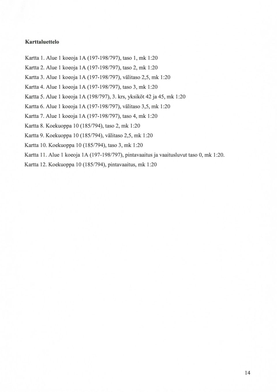 krs, yksiköt 42 ja 45, mk 1 :20 Kartta6. Alue 1 koeoja la (197-198/797), välitaso 3,5, mk 1:20 Kartta 7. Alue 1 koeoja la (197-198/797), taso 4, mk 1:20 Kartta 8.