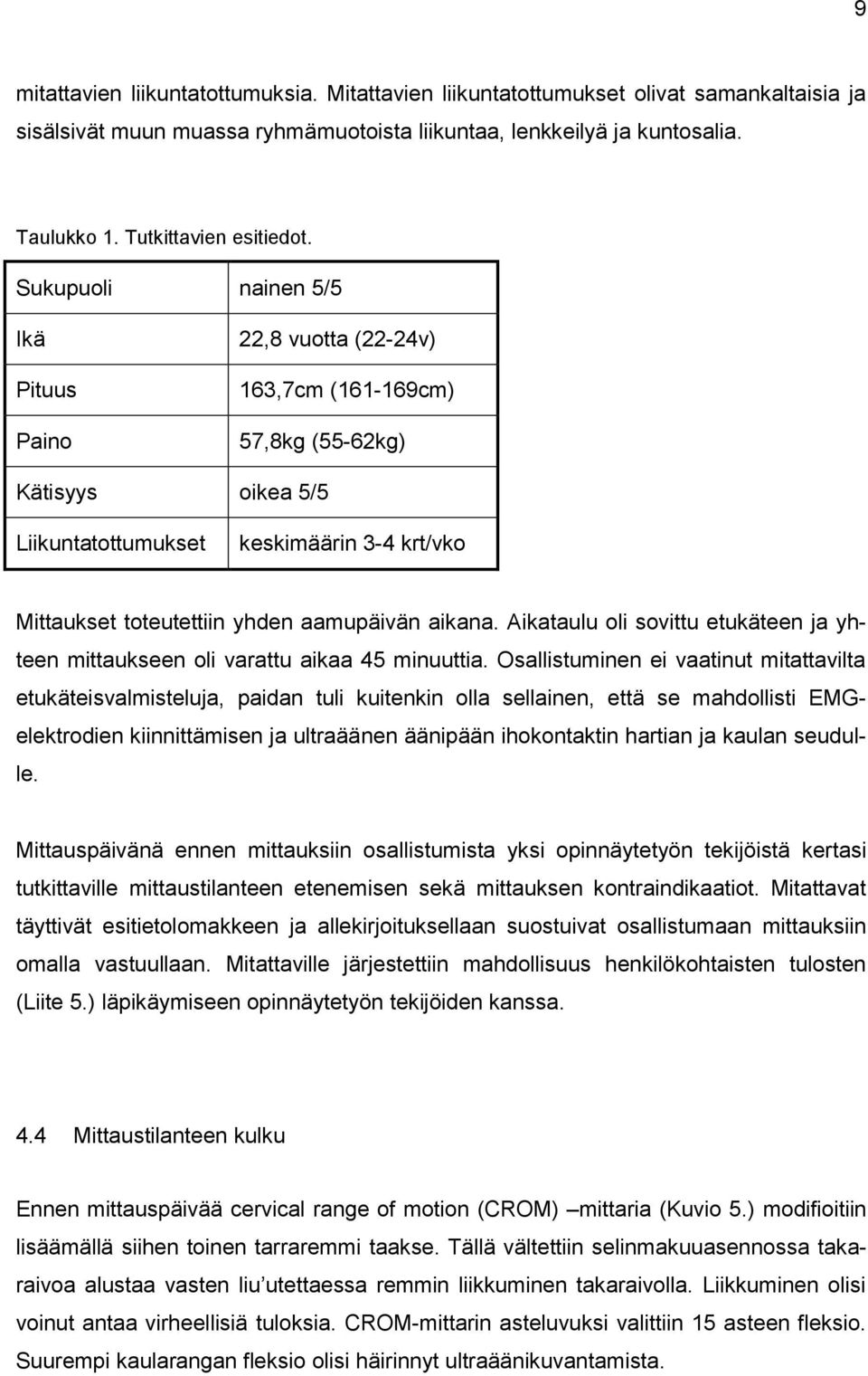 Sukupuoli nainen 5/5 Ikä Pituus Paino 22,8 vuotta (22-24v) 163,7cm (161-169cm) 57,8kg (55-62kg) Kätisyys oikea 5/5 Liikuntatottumukset keskimäärin 3-4 krt/vko Mittaukset toteutettiin yhden aamupäivän