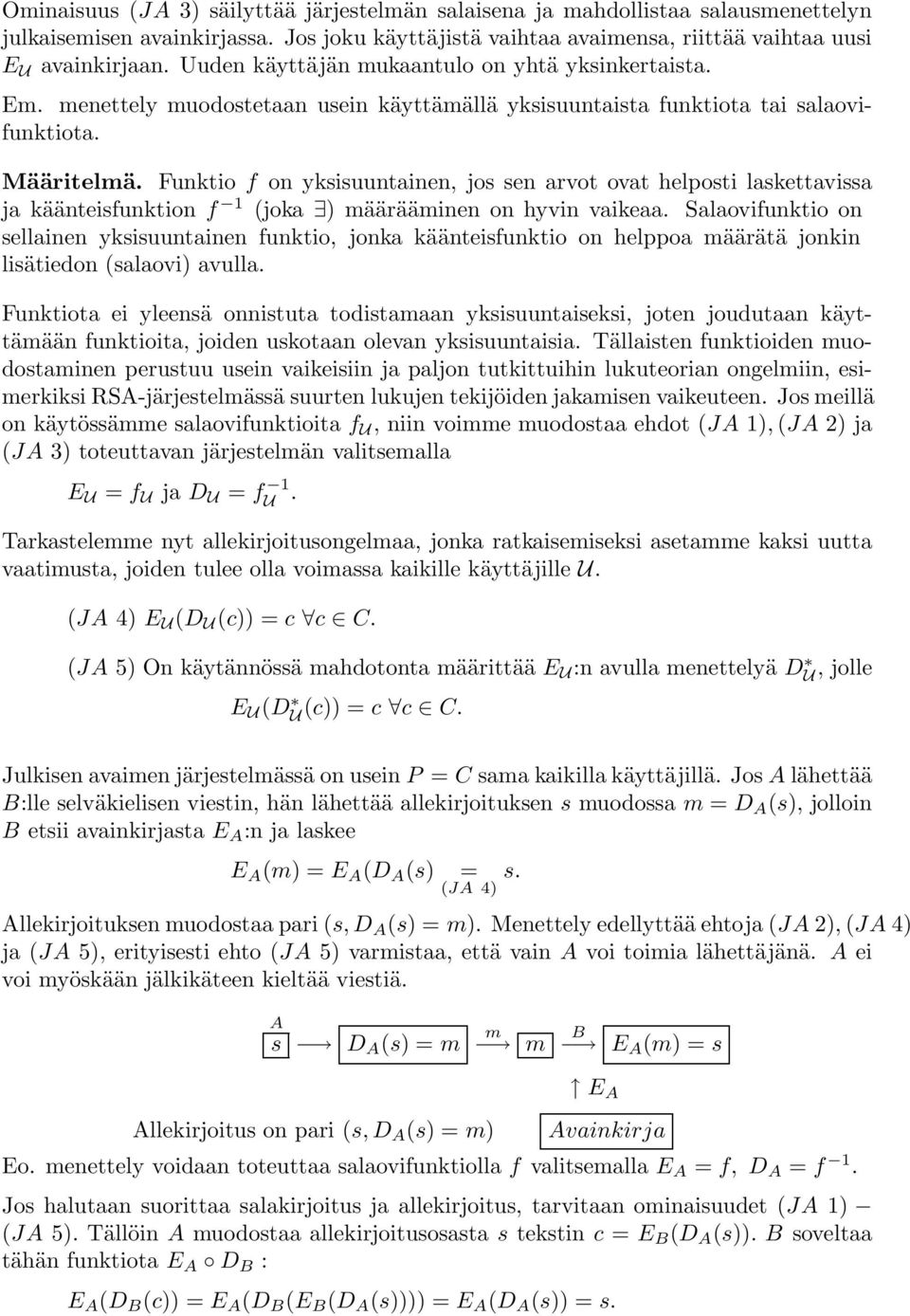 Funktio f on yksisuuntainen, jos sen arvot ovat helposti laskettavissa ja käänteisfunktion f 1 (joka ) määrääminen on hyvin vaikeaa.