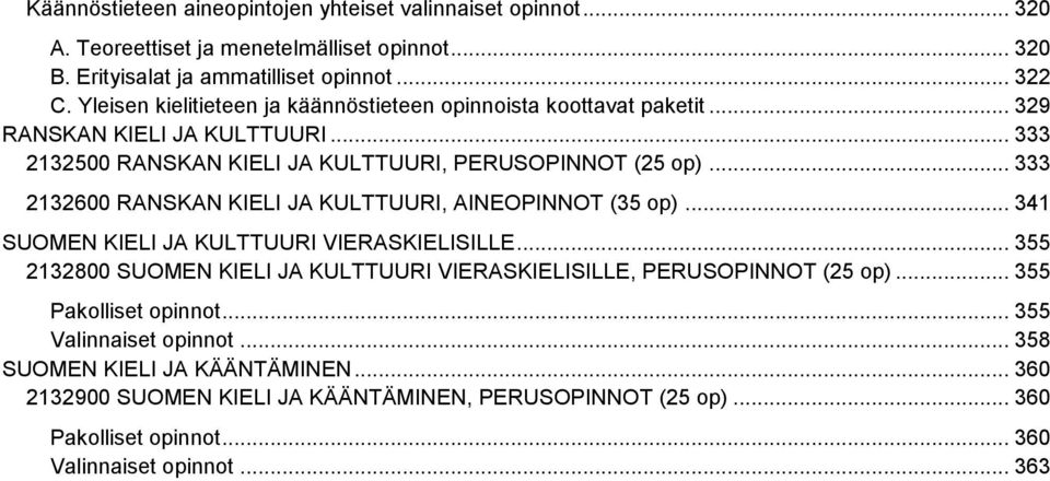 .. 333 2132600 RANSKAN KIELI JA KULTTUURI, AINEOPINNOT (35 op)... 341 SUOMEN KIELI JA KULTTUURI VIERASKIELISILLE.