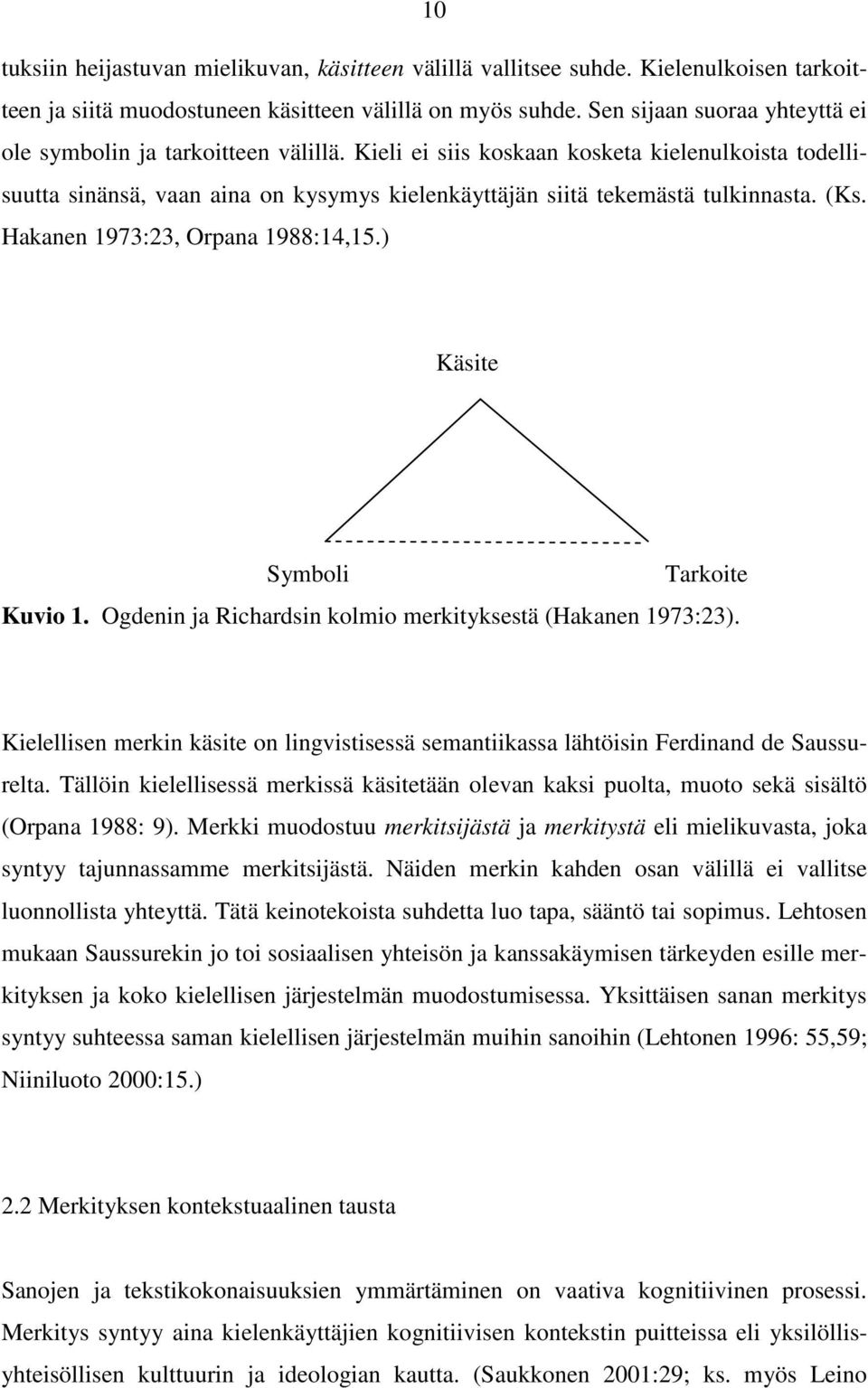 (Ks. Hakanen 1973:23, Orpana 1988:14,15.) Käsite Symboli Tarkoite Kuvio 1. Ogdenin ja Richardsin kolmio merkityksestä (Hakanen 1973:23).