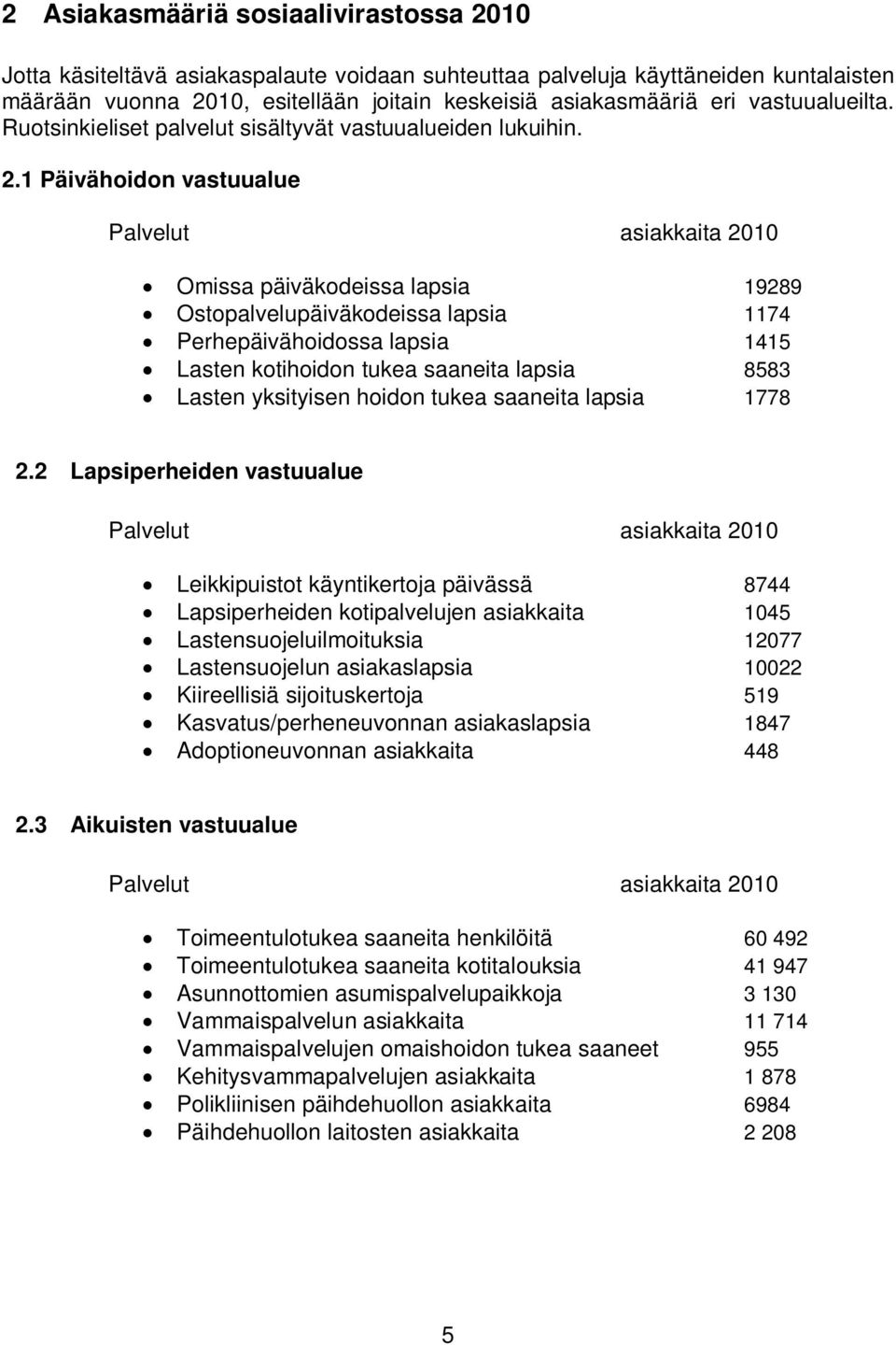 1 Päivähoidon vastuualue Palvelut asiakkaita 2010 Omissa päiväkodeissa lapsia 19289 Ostopalvelupäiväkodeissa lapsia 1174 Perhepäivähoidossa lapsia 1415 Lasten kotihoidon tukea saaneita lapsia 8583