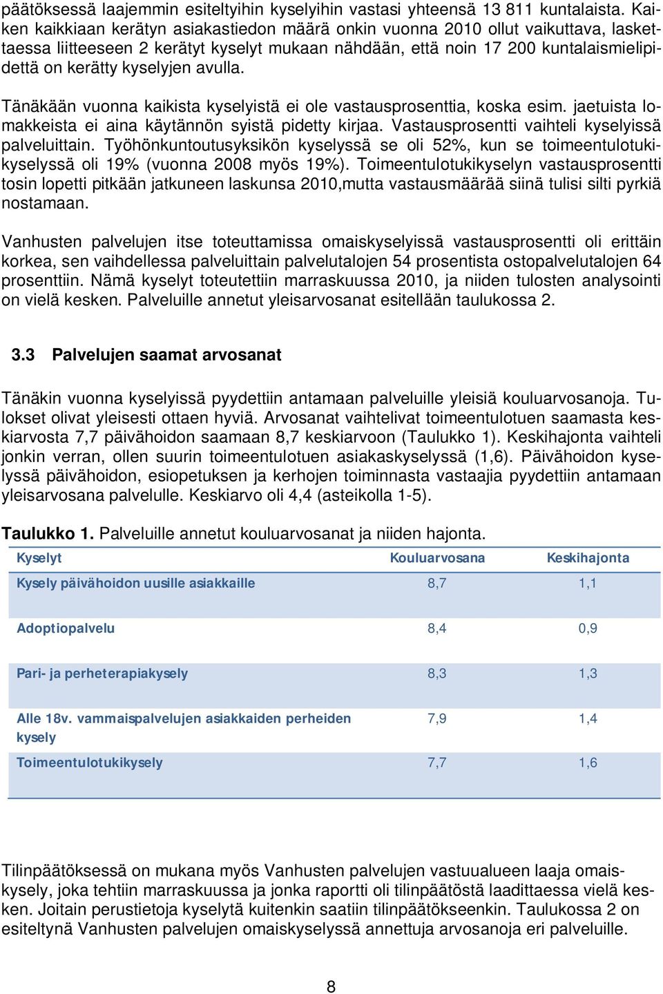 avulla. Tänäkään vuonna kaikista kyselyistä ei ole vastausprosenttia, koska esim. jaetuista lomakkeista ei aina käytännön syistä pidetty kirjaa. Vastausprosentti vaihteli kyselyissä palveluittain.