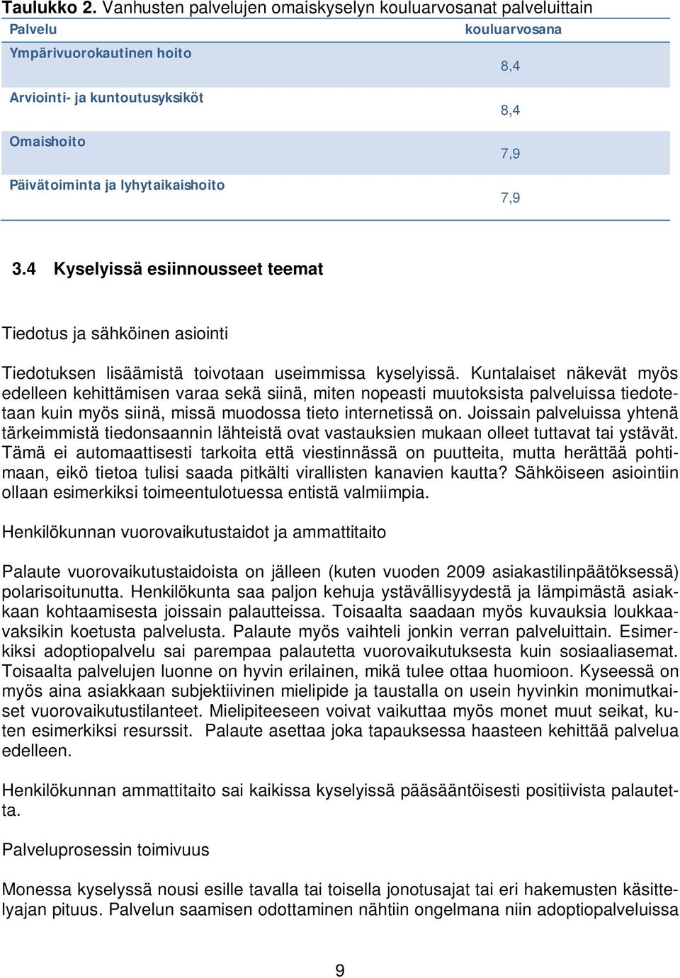 7,9 3.4 Kyselyissä esiinnousseet teemat Tiedotus ja sähköinen asiointi Tiedotuksen lisäämistä toivotaan useimmissa kyselyissä.