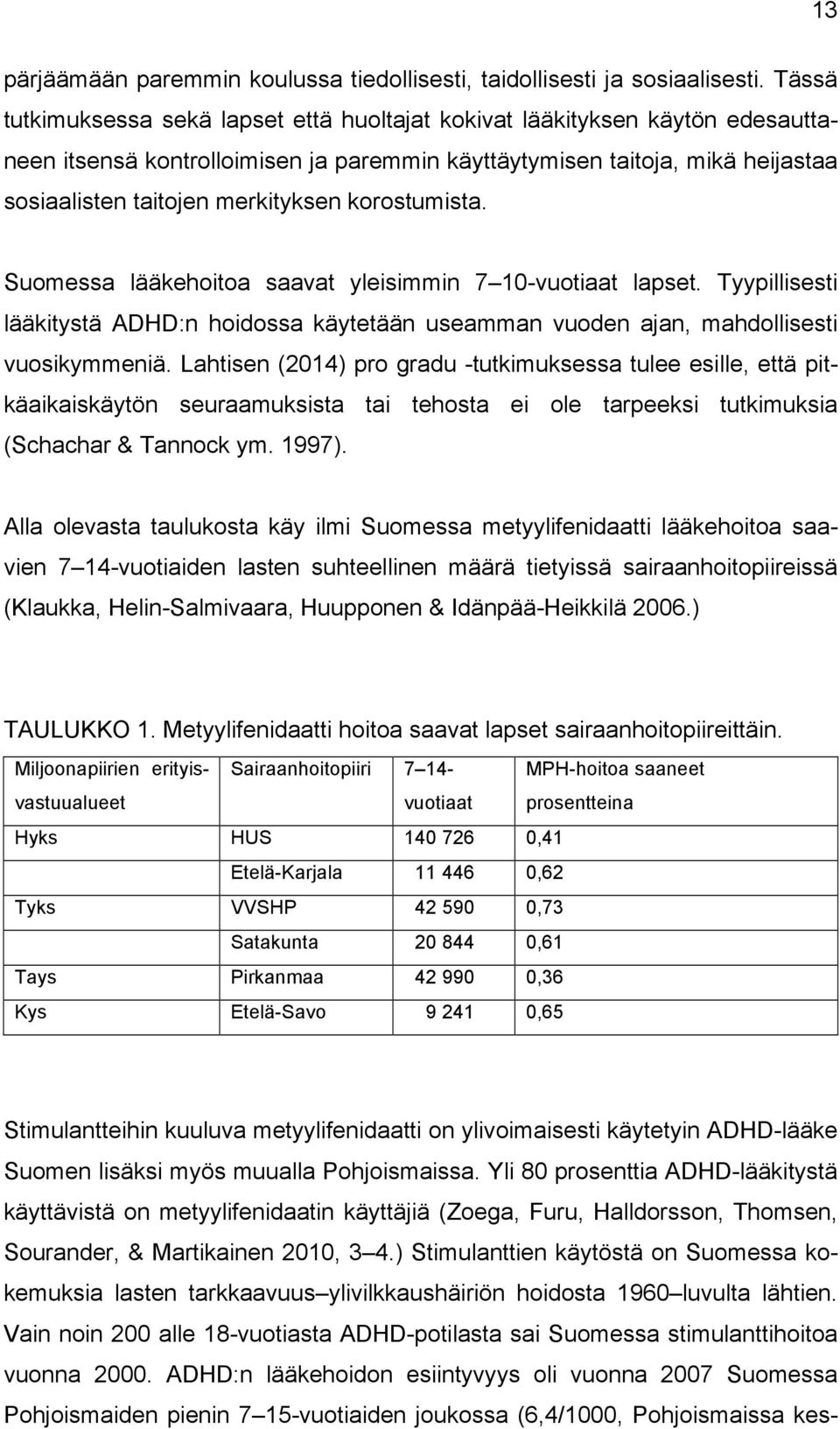 korostumista. Suomessa lääkehoitoa saavat yleisimmin 7 10-vuotiaat lapset. Tyypillisesti lääkitystä ADHD:n hoidossa käytetään useamman vuoden ajan, mahdollisesti vuosikymmeniä.