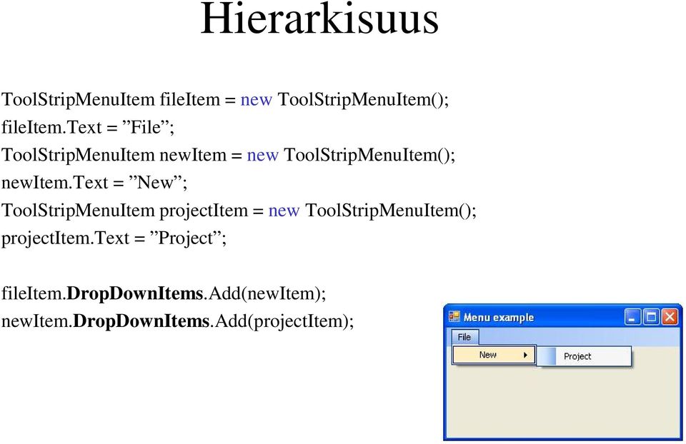 text = New ; ToolStripMenuItem projectitem = new ToolStripMenuItem(); projectitem.