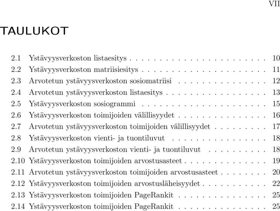 7 Arvotetun ystävyysverkoston toimijoiden välillisyydet......... 17 2.8 Ystävyysverkoston vienti- ja tuontiluvut................ 18 2.9 Arvotetun ystävyysverkoston vienti- ja tuontiluvut.......... 18 2.10 Ystävyysverkoston toimijoiden arvostusasteet.