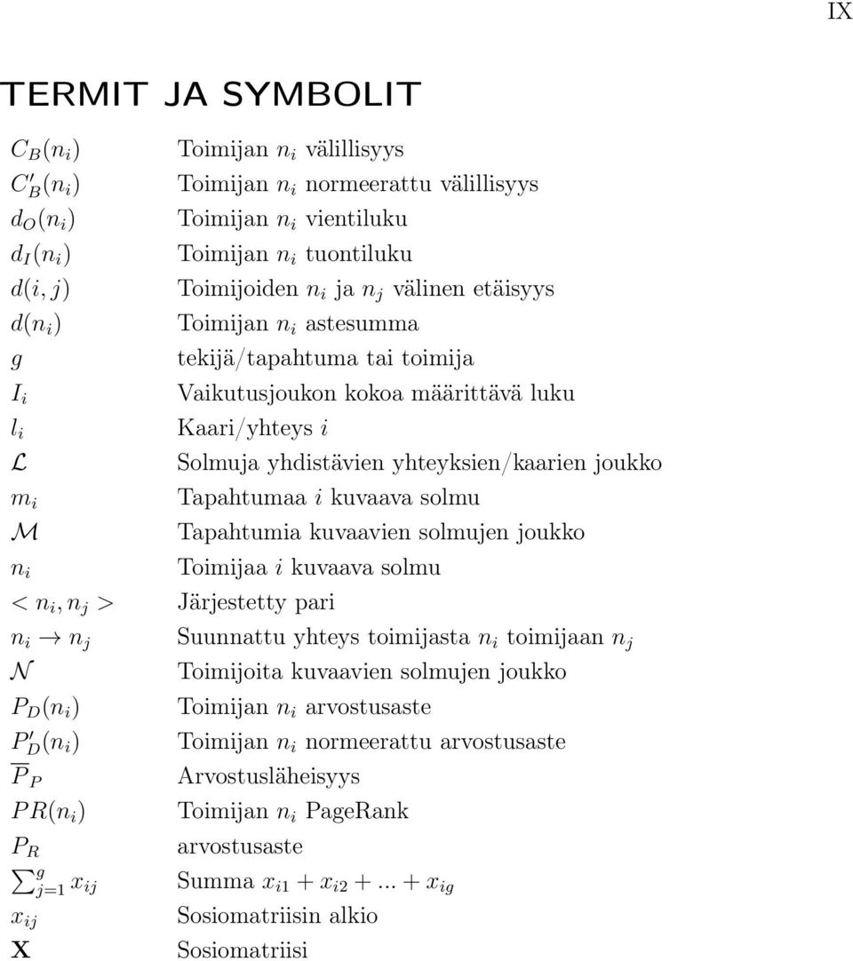 yhdistävien yhteyksien/kaarien joukko Tapahtumaa i kuvaava solmu Tapahtumia kuvaavien solmujen joukko Toimijaa i kuvaava solmu n i n j N P D (n i ) P D (n i) P P P R(n i ) P R g j=1 x ij x ij X