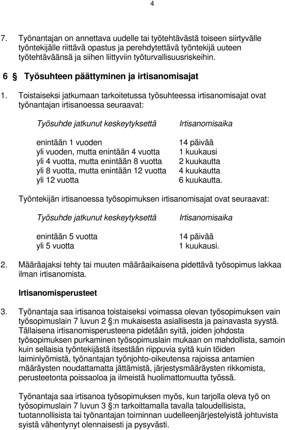 Toistaiseksi jatkumaan tarkoitetussa työsuhteessa irtisanomisajat ovat työnantajan irtisanoessa seuraavat: Työsuhde jatkunut keskeytyksettä enintään 1 vuoden yli vuoden, mutta enintään 4 vuotta yli 4