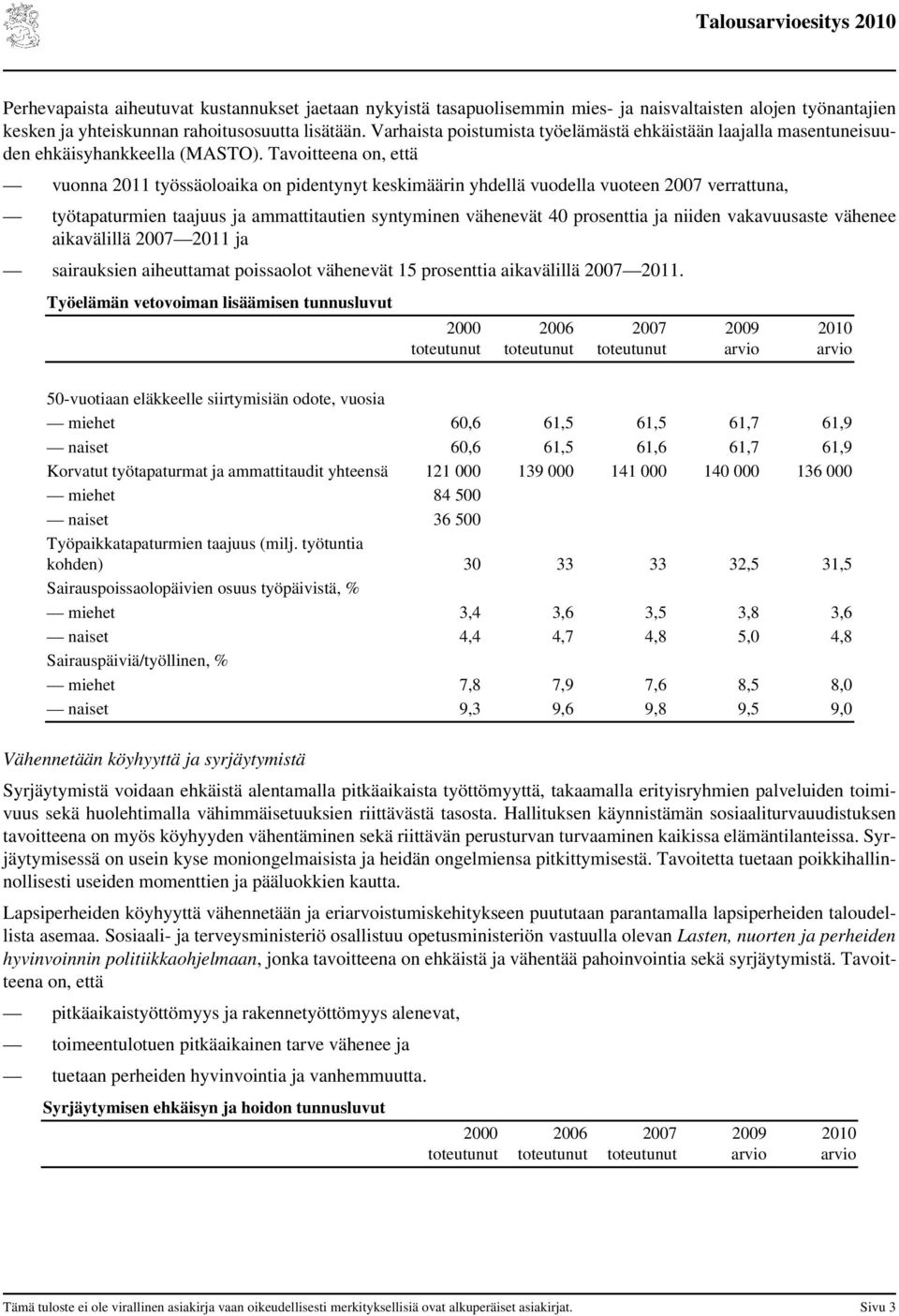 Tavoitteena on, että vuonna 2011 työssäoloaika on pidentynyt keskimäärin yhdellä vuodella vuoteen 2007 verrattuna, työtapaturmien taajuus ja ammattitautien syntyminen vähenevät 40 prosenttia ja