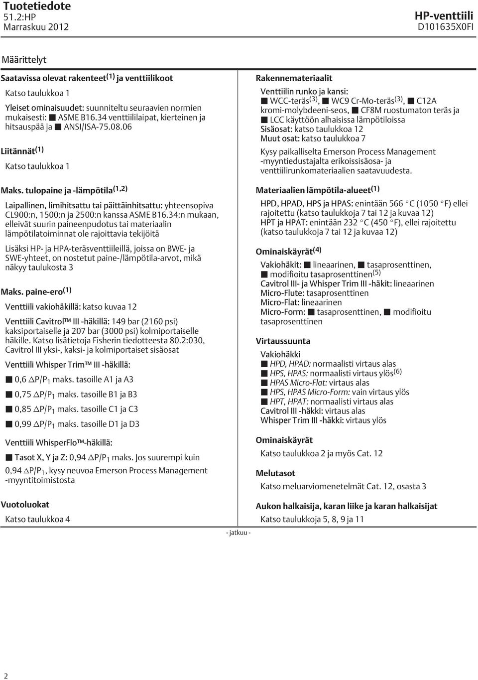 tulopaine ja -lämpötila (,2) Laipallinen, limihitsattu tai päittäinhitsattu: yhteensopiva CL900:n, 500:n ja 2500:n kanssa ASME B6.