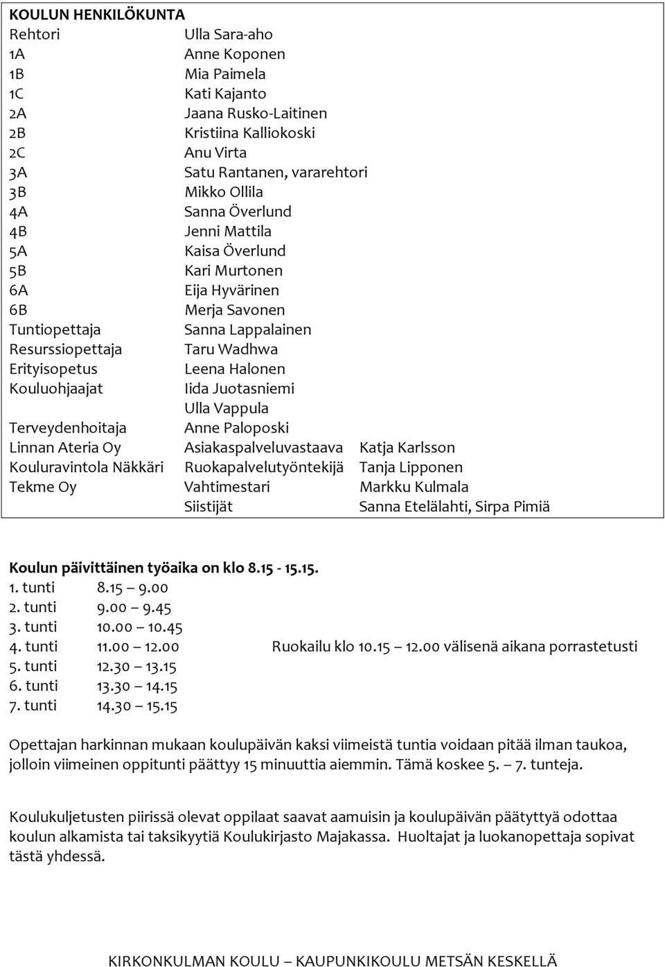 Kouluohjaajat Iida Juotasniemi Ulla Vappula Terveydenhoitaja Anne Paloposki Linnan Ateria Oy Asiakaspalveluvastaava Katja Karlsson Kouluravintola Näkkäri Ruokapalvelutyöntekijä Tanja Lipponen Tekme