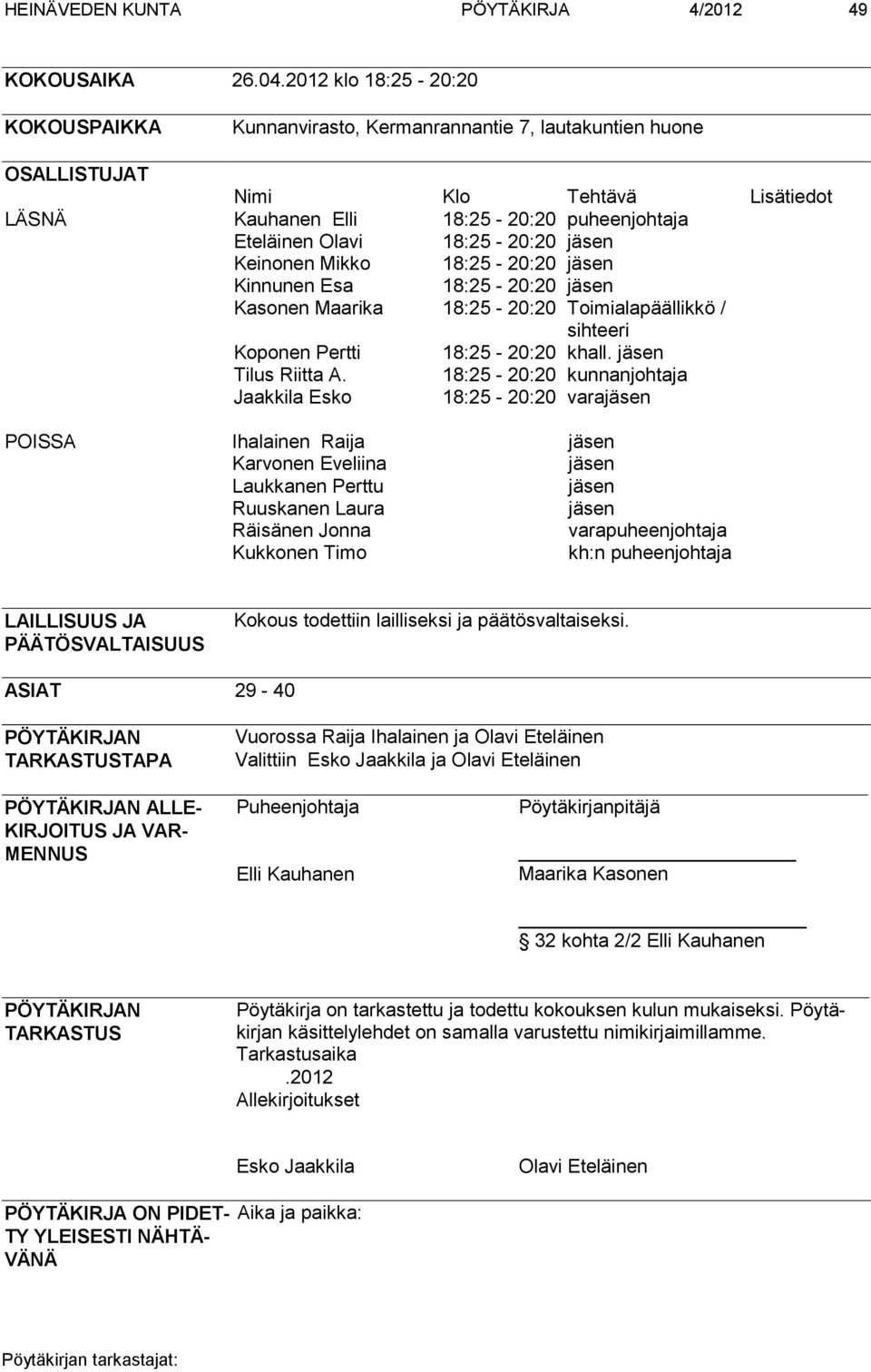 18:25-20:20 jäsen Keinonen Mikko 18:25-20:20 jäsen Kinnunen Esa 18:25-20:20 jäsen Kasonen Maarika 18:25-20:20 Toimialapäällikkö / sihteeri Koponen Pertti 18:25-20:20 khall. jäsen Tilus Riitta A.