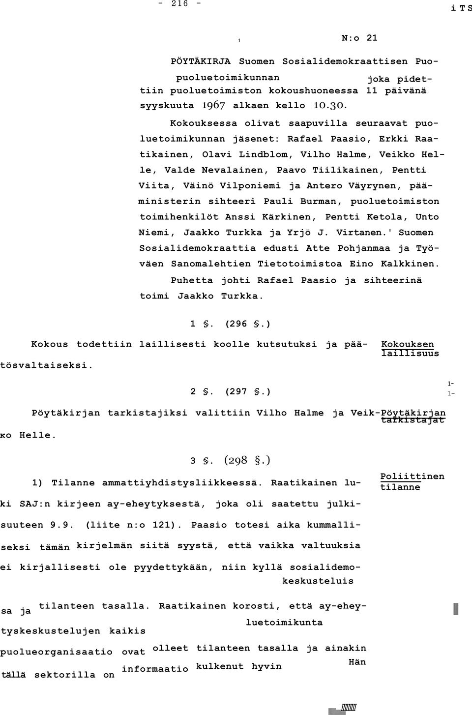Väinö Vilponiemi ja Antero Väyrynen, pääministerin sihteeri Pauli Burman, puoluetoimiston toimihenkilöt Anssi Kärkinen, Pentti Ketola, Unto Niemi, Jaakko Turkka ja Yrjö J. Virtanen.