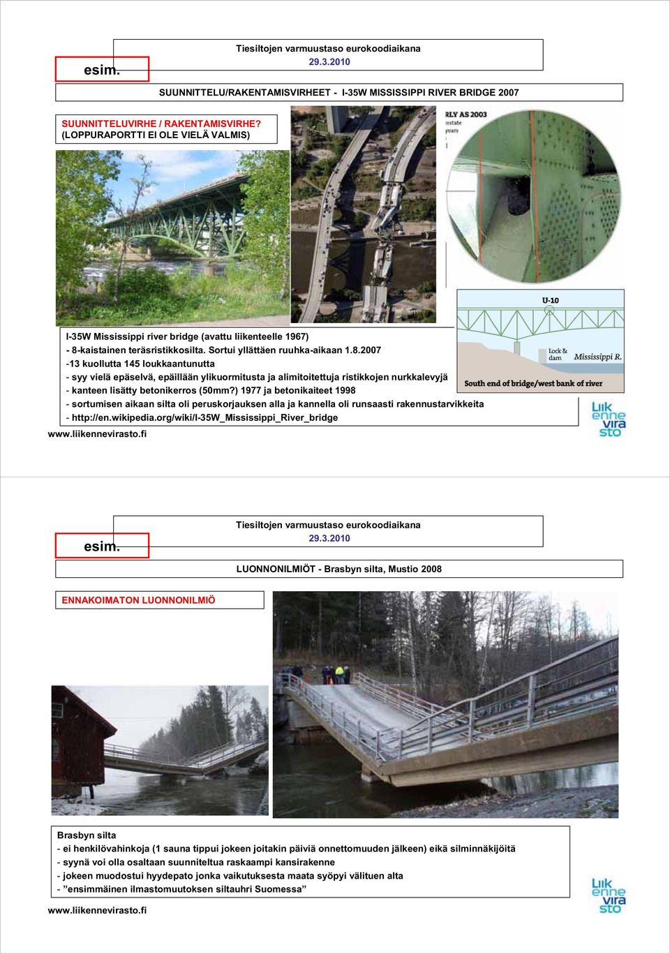 kaistainen teräsristikkosilta. Sortui yllättäen ruuhka-aikaan 1.8.