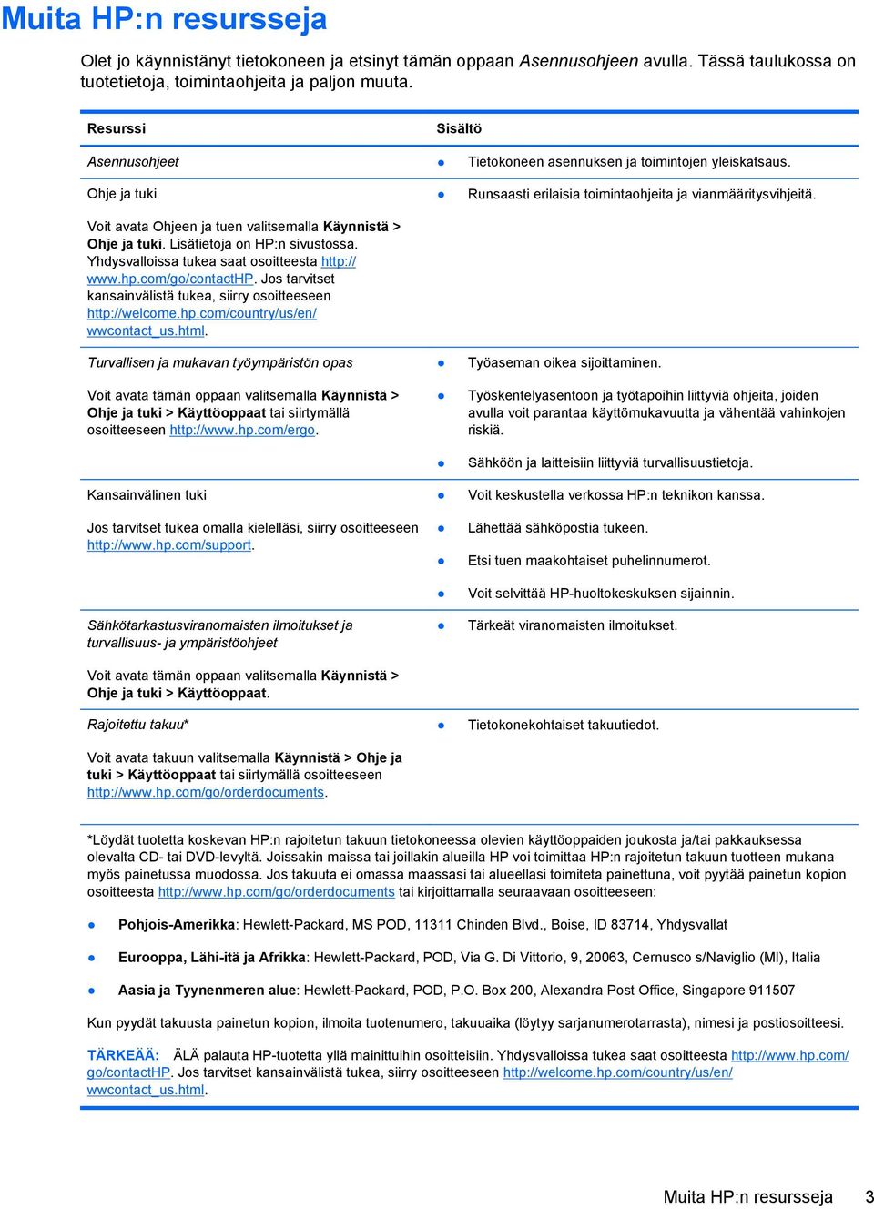 Yhdysvalloissa tukea saat osoitteesta http:// www.hp.com/go/contacthp. Jos tarvitset kansainvälistä tukea, siirry osoitteeseen http://welcome.hp.com/country/us/en/ wwcontact_us.html.