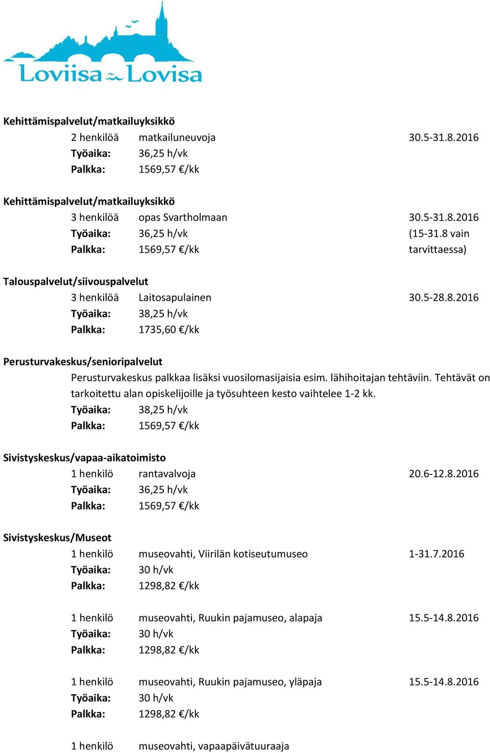 lähihoitajan tehtäviin. Tehtävät on tarkoitettu alan opiskelijoille ja työsuhteen kesto vaihtelee 1-2 kk. Sivistyskeskus/vapaa-aikatoimisto 1 henkilö rantavalvoja 20.6-12.8.