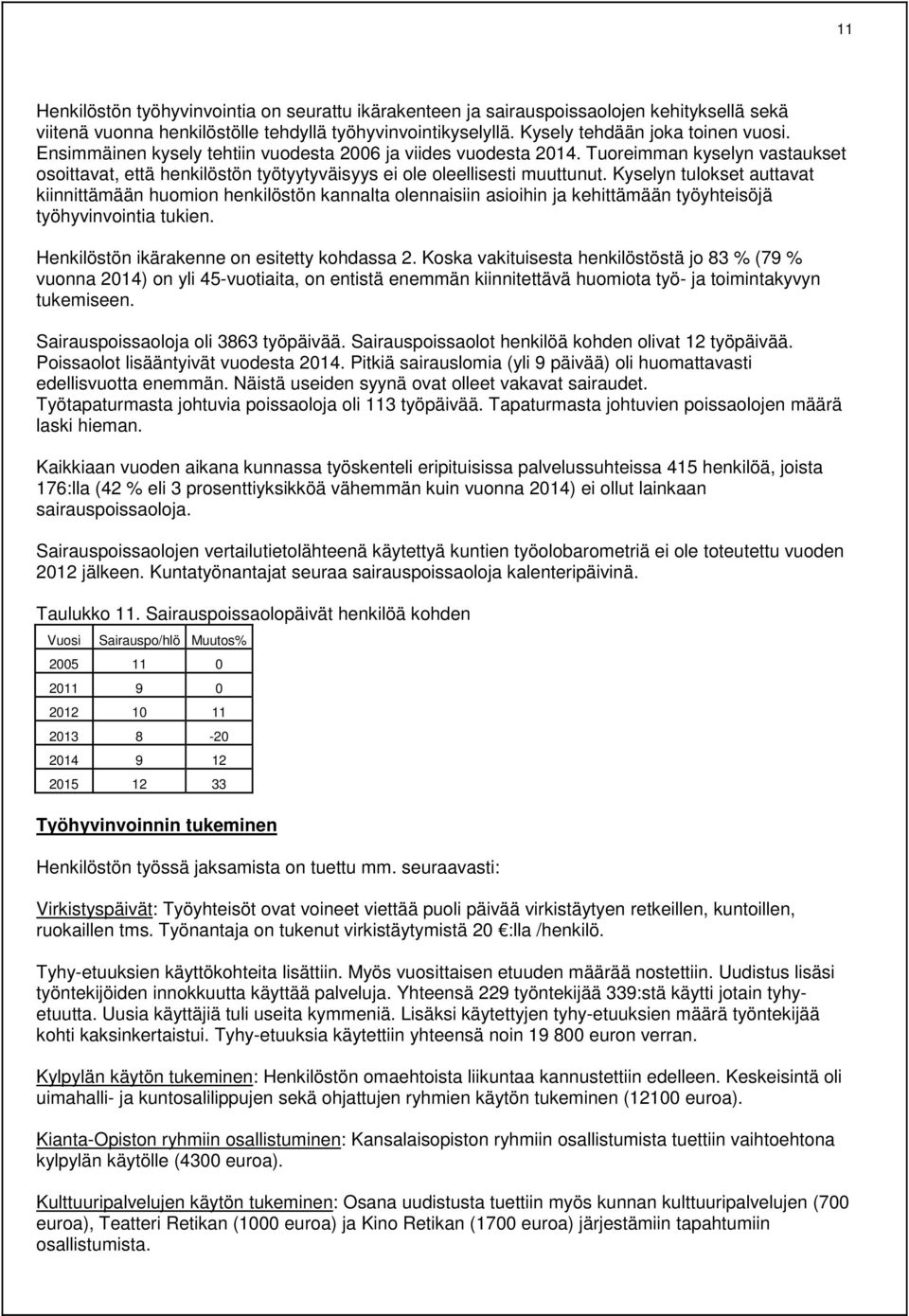 Kyselyn tulokset auttavat kiinnittämään huomion henkilöstön kannalta olennaisiin asioihin ja kehittämään työyhteisöjä työhyvinvointia tukien. Henkilöstön ikärakenne on esitetty kohdassa 2.