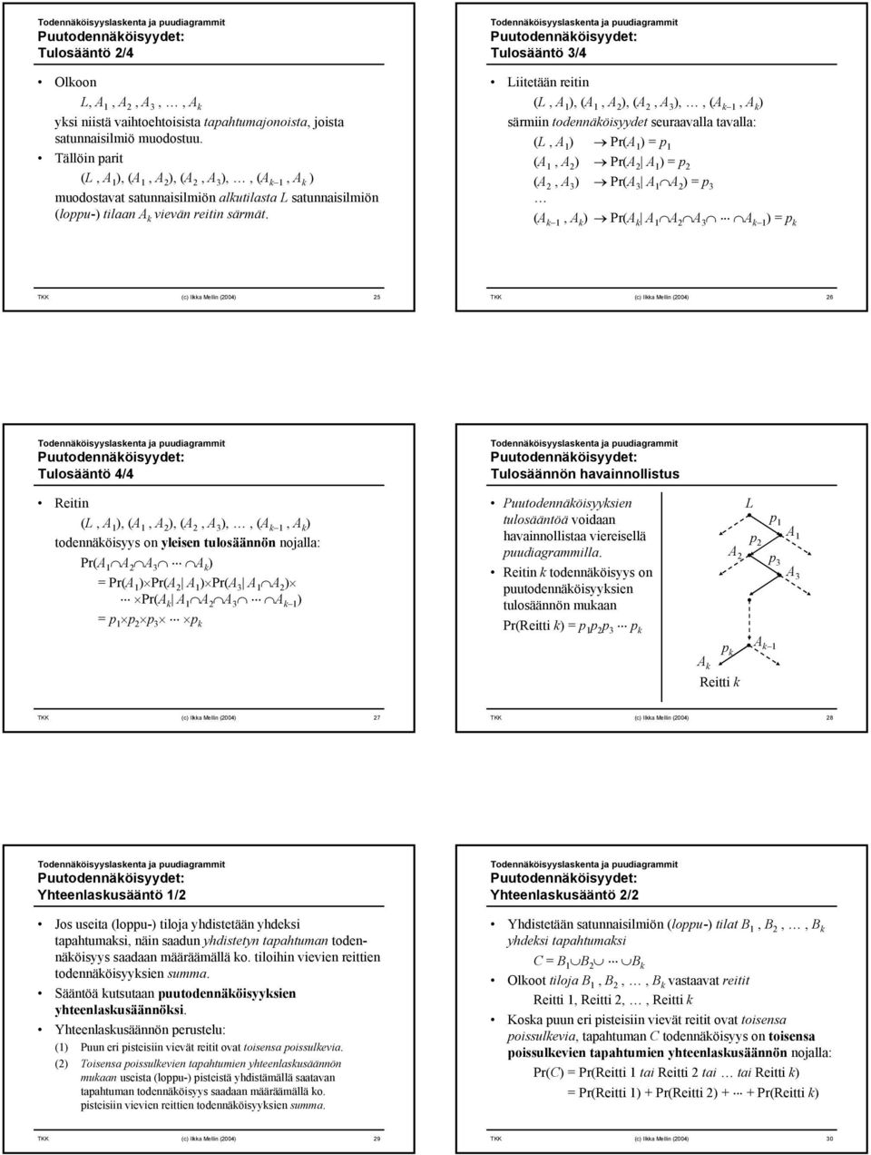 Tulosääntö 3/4 Liitetään reitin (L, A 1 ), (A 1, A 2 ), (A 2, A 3 ),, (A k 1, A k ) särmiin todennäköisyydet seuraavalla tavalla: (L, A 1 ) Pr(A 1 ) = 1 (A 1, A 2 ) Pr(A 2 A 1 ) = 2 (A 2, A 3 ) Pr(A