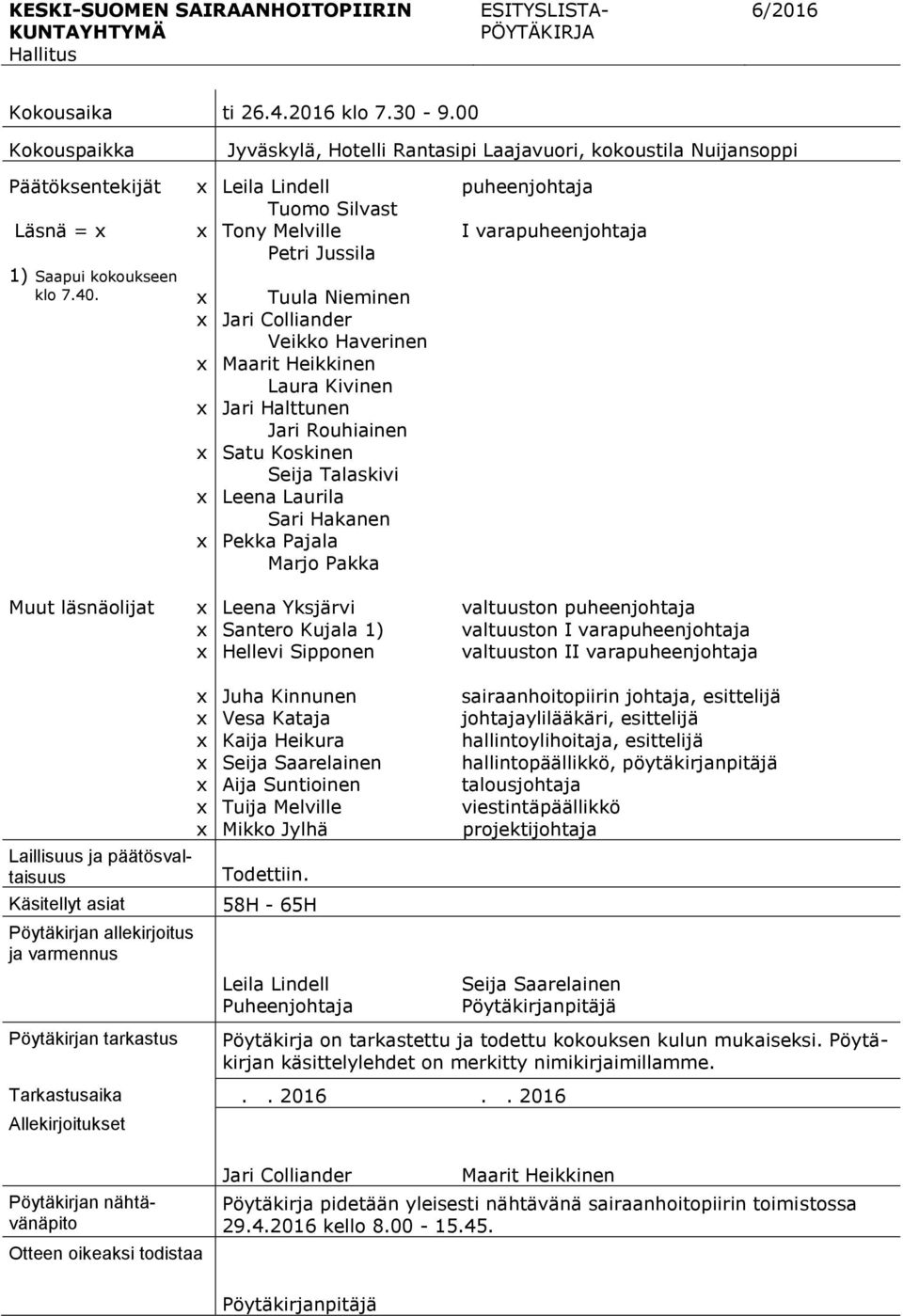 Leila Lindell Tuomo Silvast Tony Melville Petri Jussila Tuula Nieminen Jari Colliander Veikko Haverinen Maarit Heikkinen Laura Kivinen Jari Halttunen Jari Rouhiainen Satu Koskinen Seija Talaskivi