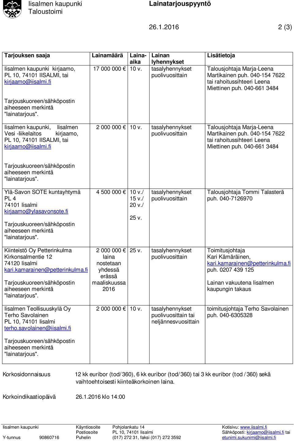 tasalyhennykset Talousjohtaja Tommi Talasterä puh. 040-7126970 Kiinteistö Oy Petterinkulma Kirkonsalmentie 12 74120 Iisalmi 2 000 000 laina nostetaan yhdessä erässä maaliskuussa 2016 25 v.
