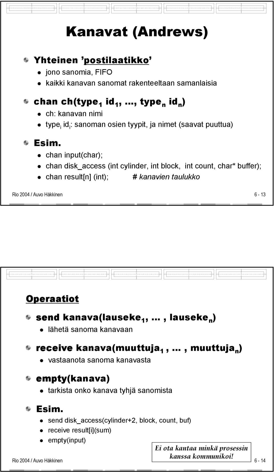 chan input(char); chan disk_access (int cylinder, int block, int count, char* buffer); chan result[n] (int); # kanavien taulukko 6-13 Operaatiot send kanava(lauseke 1,,