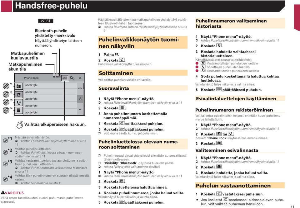 kohtaa Puhelinluettelossa olevaan numeroon soittaminen sivulta 11 Vaihtaa vastaamattomien, vastaanotettujen ja soitettujen puhelujen luetteloihin.